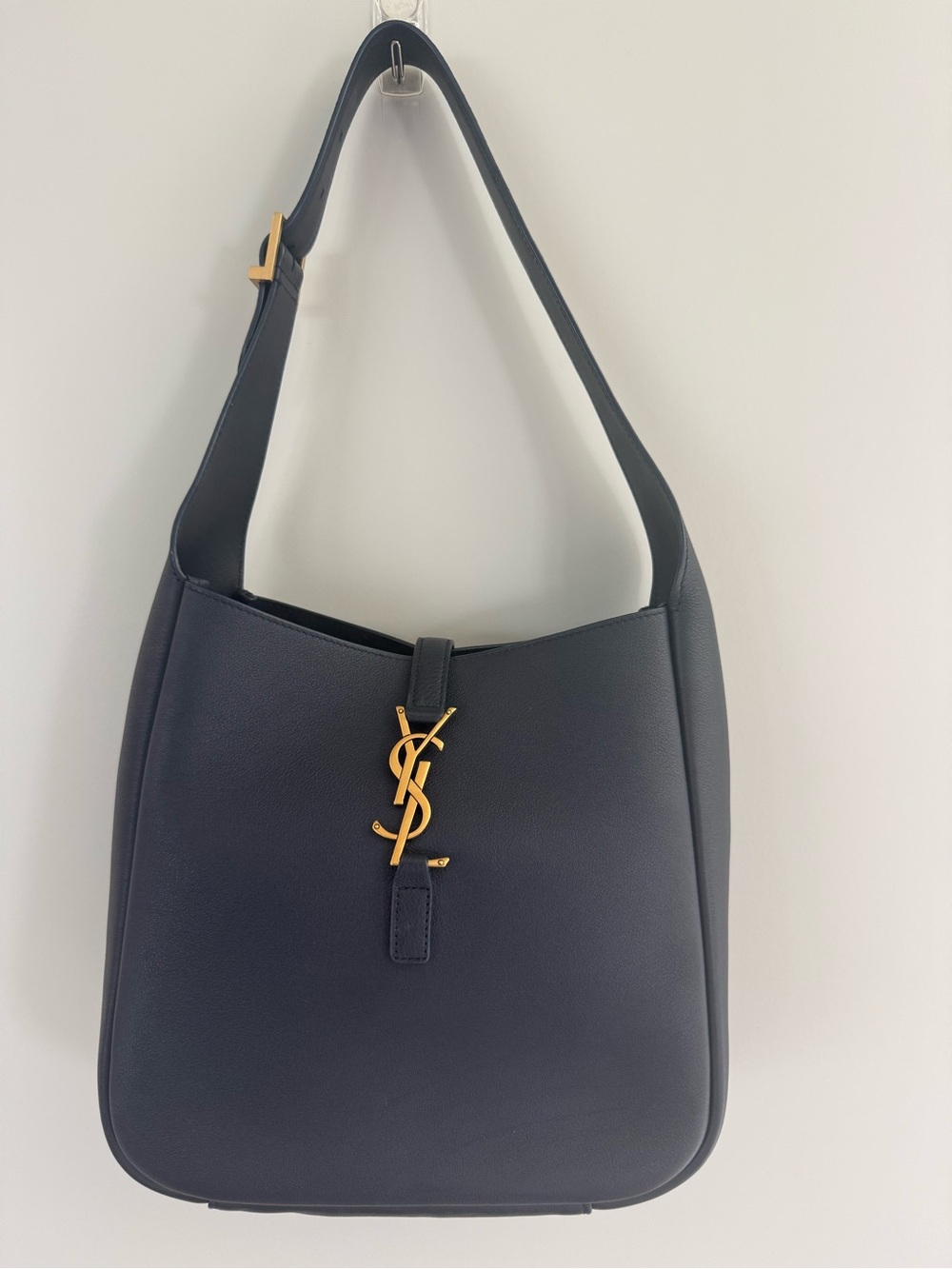 Saint Laurent Navy Leather Shoulder Hobo with Gold YSL Accent